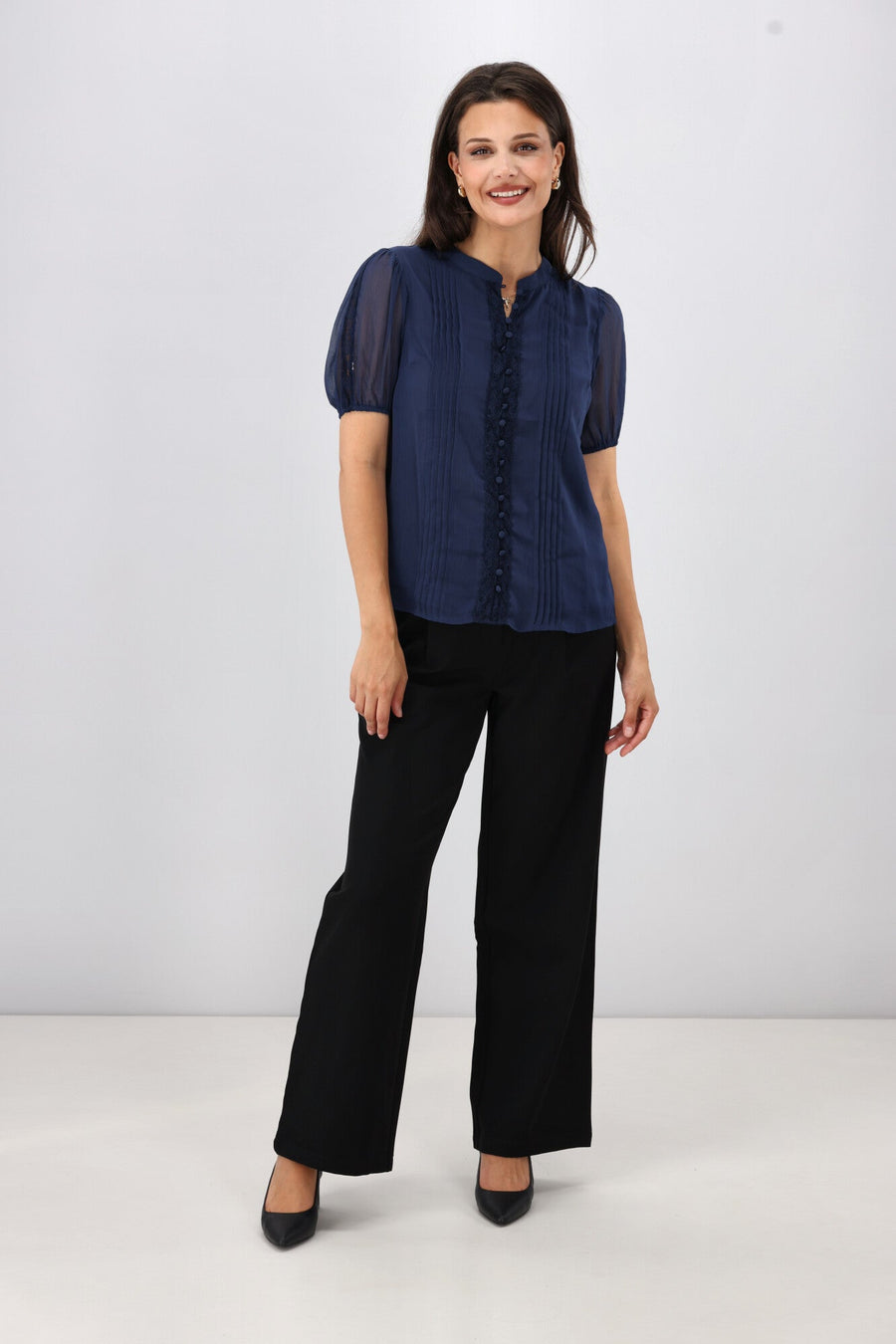 Gloss The Label Elin Lace Pin Tuck Blouse Midnight