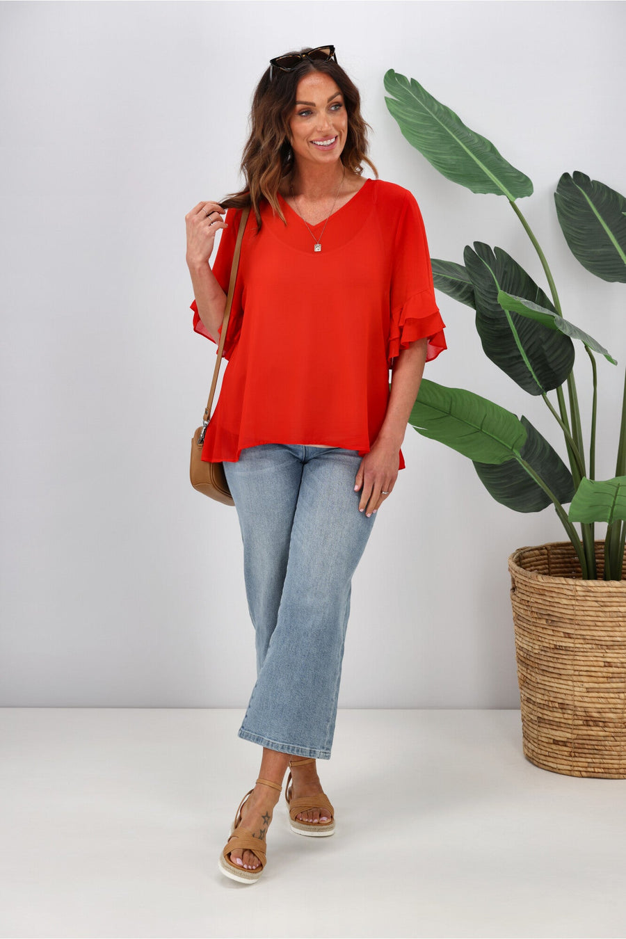 Gloss by Shine On Harper Frill Sleeve Top Crimson