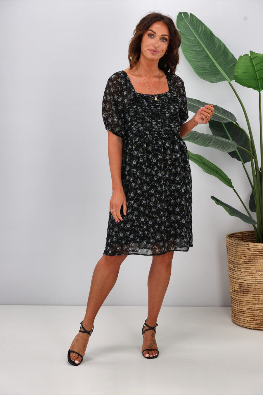 Gloss by Shine On Ilaria Pintuck Detail Dress Black Floral