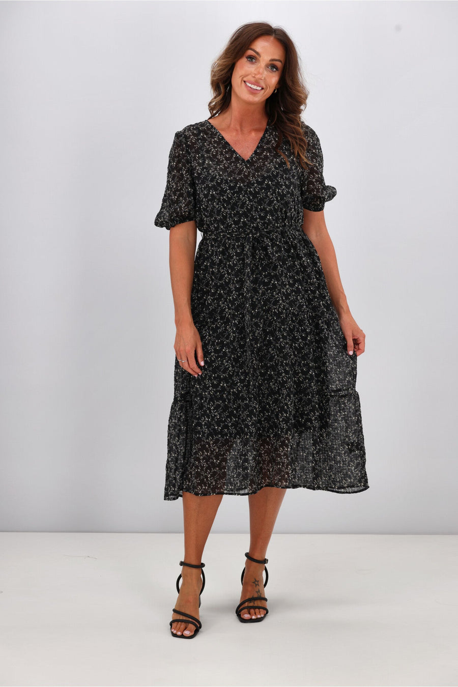 Gloss by Shine On Kaylee Puffed Sleeve Dress Check Floral Chiffon Black