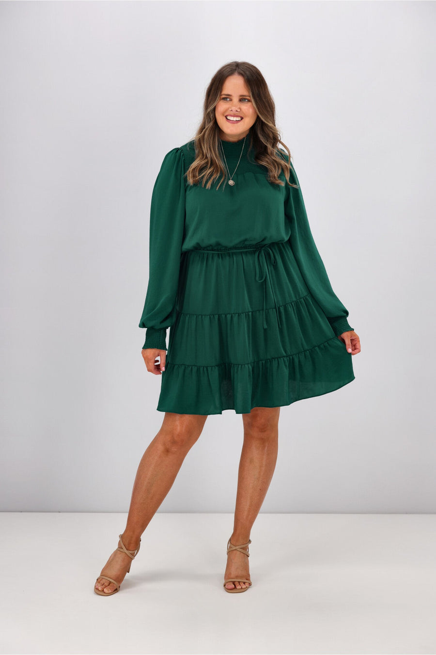 Gloss by Shine On Mandy Long Sleeve Tiered Dress Jade