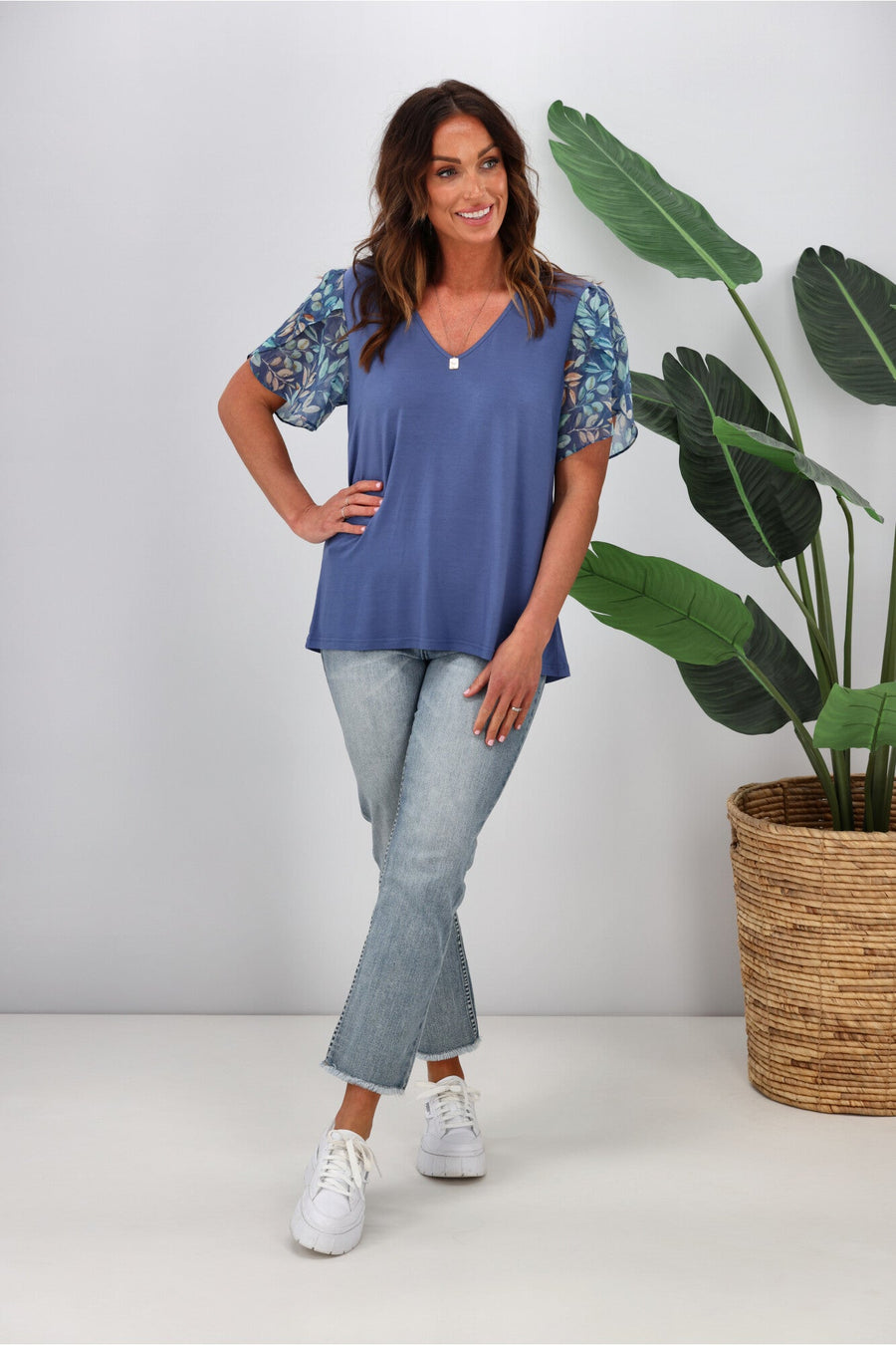 Gloss by Shine On Millen Contrast Sleeve Top Midnight Leaf Print