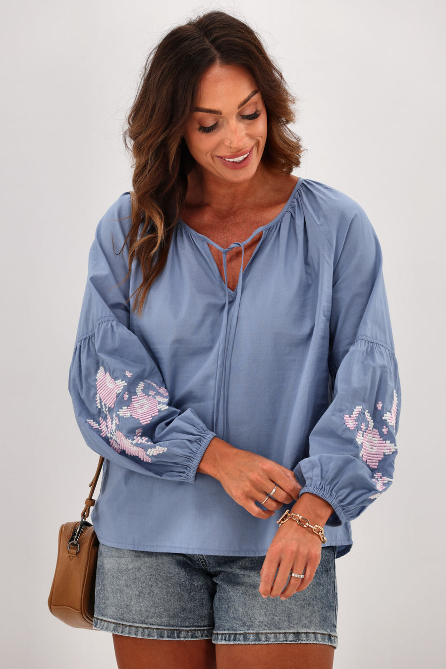 Gloss by Shine On Nadia Lantern Sleeve Top Blue