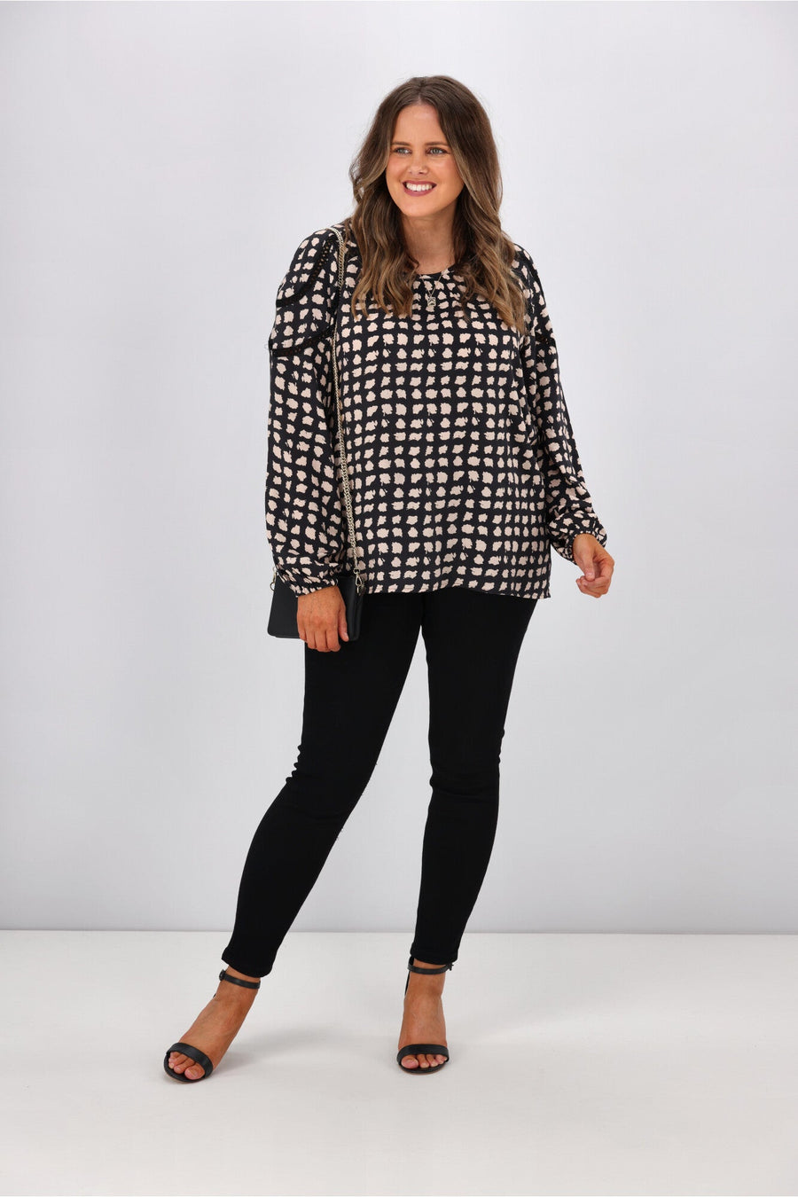Gloss by Shine On Nello Ladder Lace Puff Sleeve Blouse Geo Print