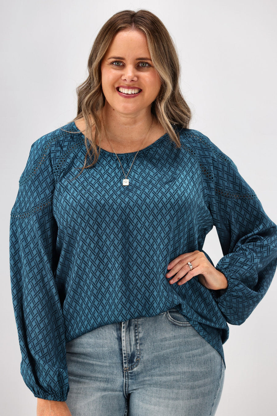 Gloss by Shine On Nello Ladder Lace Puff Sleeve Blouse Teal Jacquard