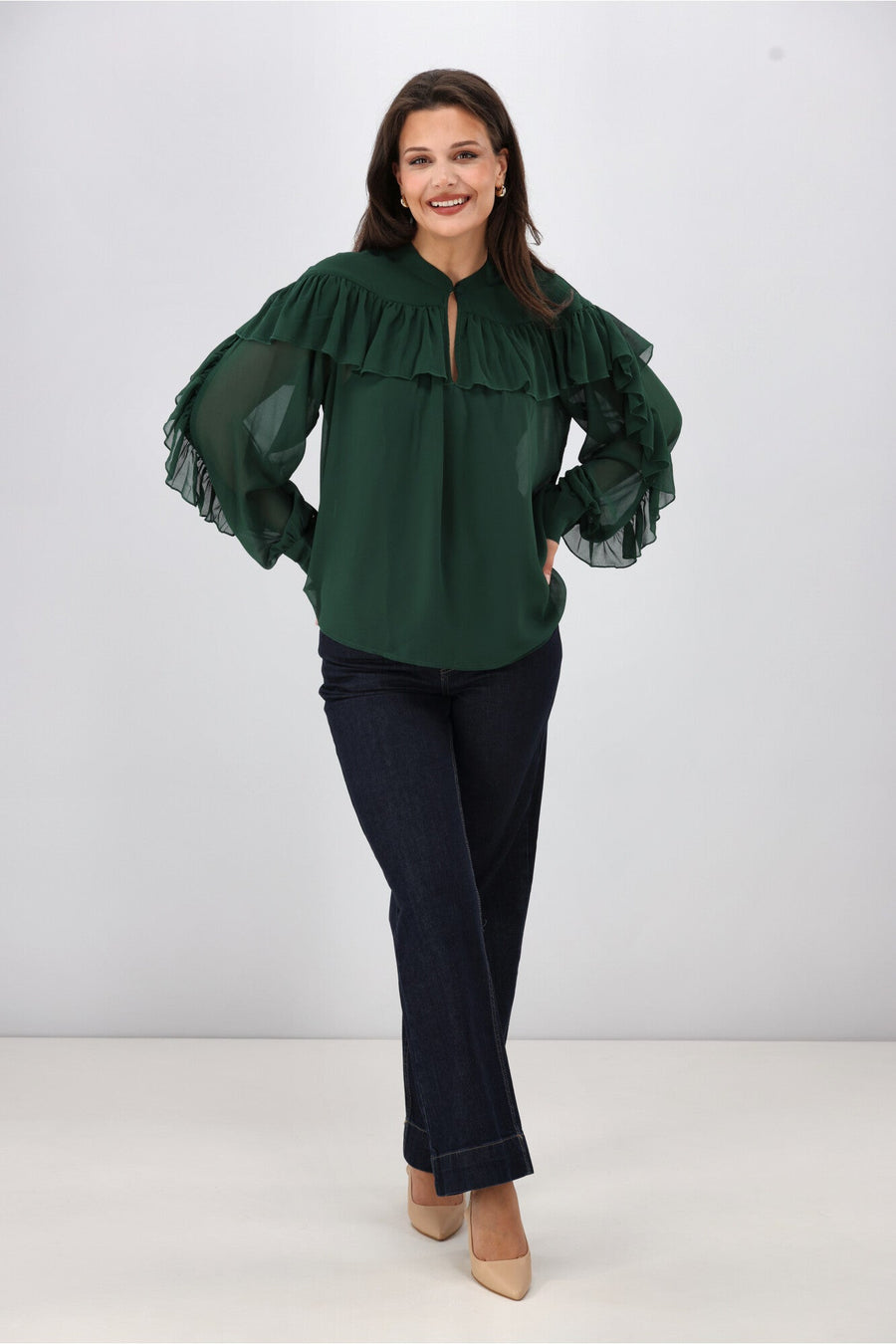 Gloss The Label Belle Chiffon Ruffle Top Green