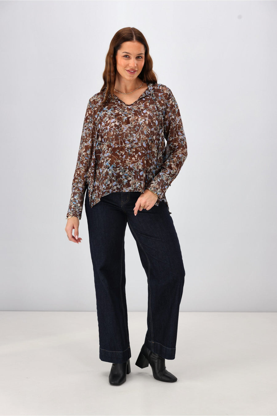 Gloss The Label Cecelia Chiffon Neck Tie Blouse Chocolate Floral Print