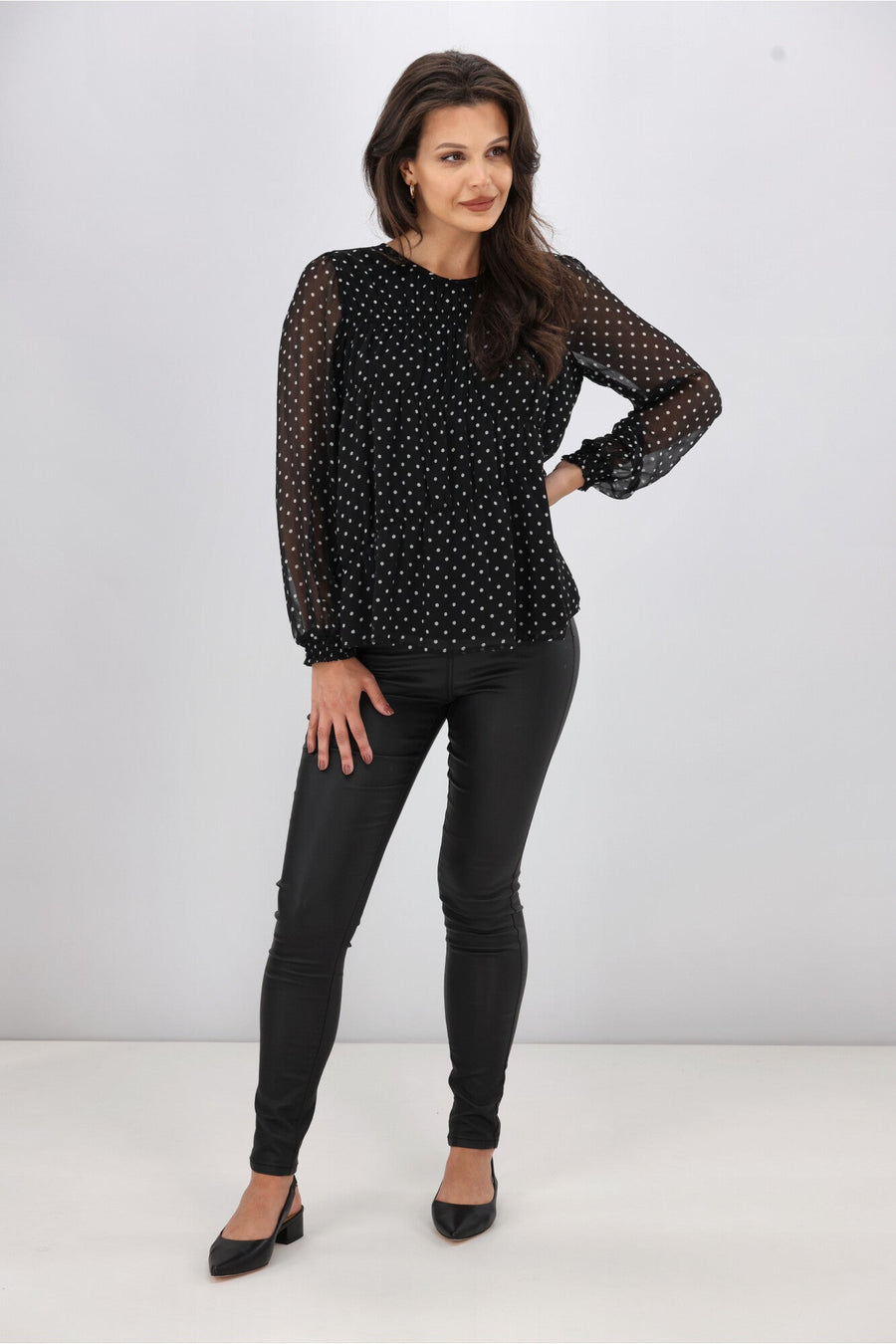 Gloss The Label Olsen Shirred Detail Top Black Polka Dot