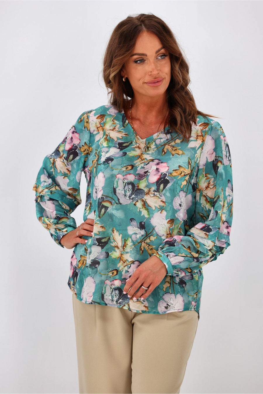 Jane James Cilla Tuck Sleeve Blouse Teal Floral