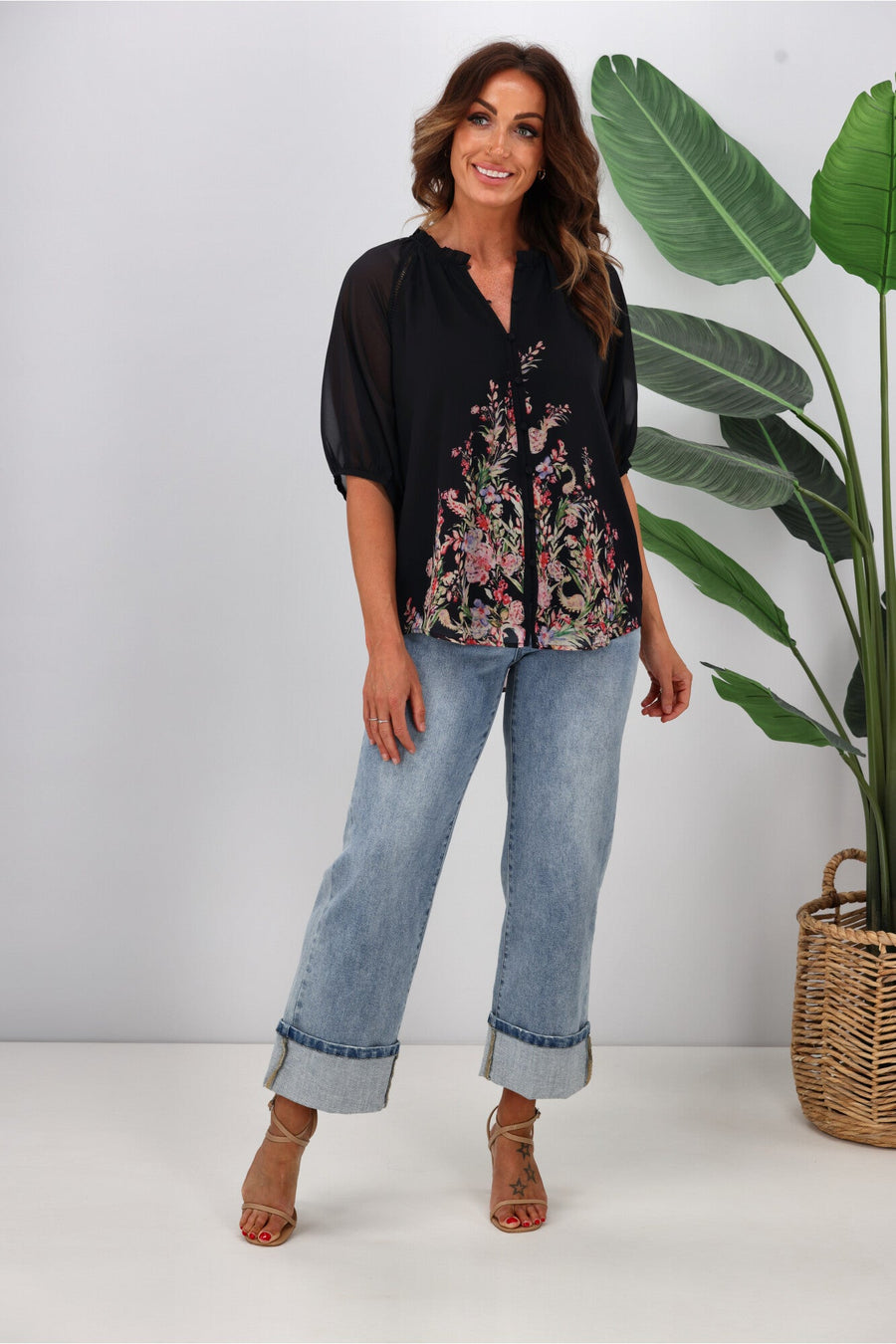 Jane James Stacey Ladder Lace Detail Blouse Midnight Border Print