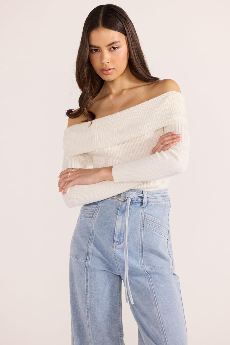 Minkpink Zoe Off Shoulder Knit Top Off White