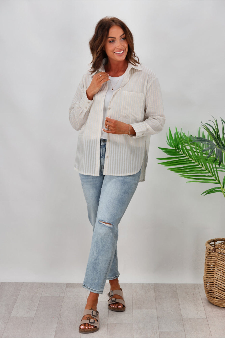 Miracle Stripe Cotton Shirt Beige