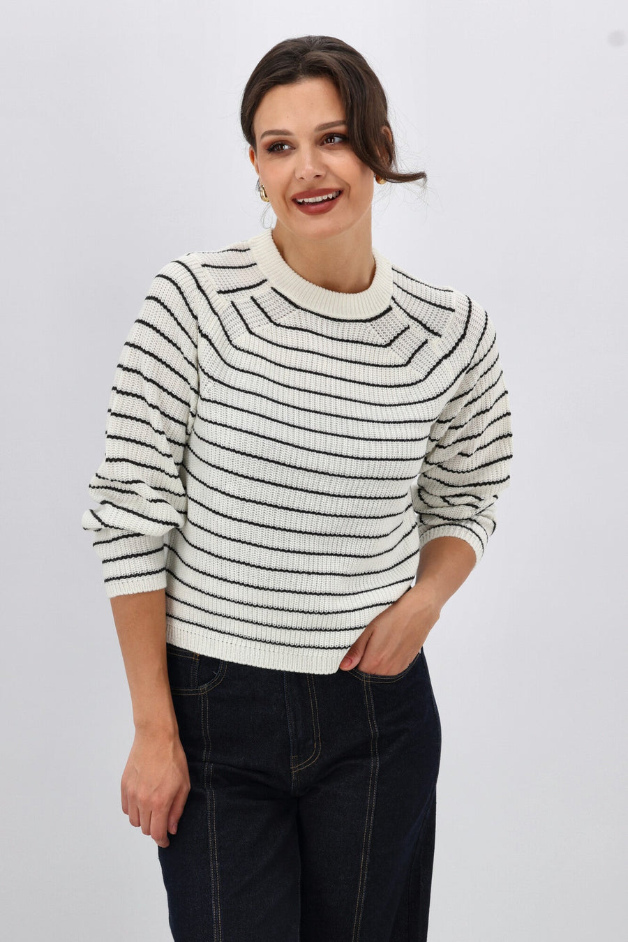 ONLY Base L/S O-Neck Pullover Knit Black White Stripes