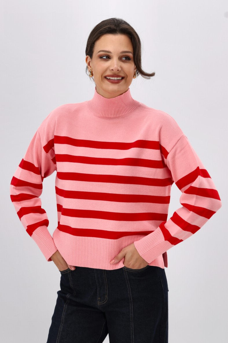 ONLY Carol Bari L/S Highneck Stripe Jumper Quartz Pink