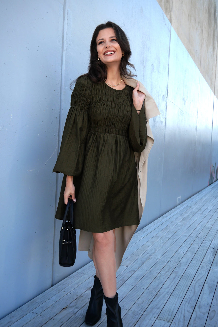 Gloss The Label Elara Shirred Bodice Dress Olive