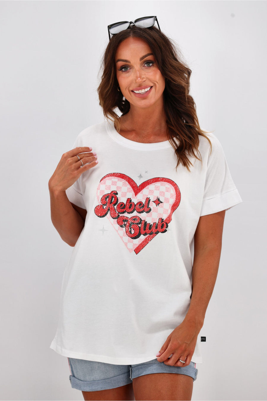 Rebel Club by Shine On Checkered Charm Love Cap Sleeve Tee White