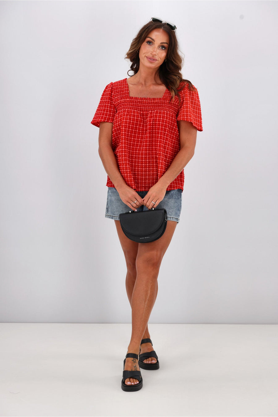 Shine On Label Emmeline Square Neck Shirred Top Red