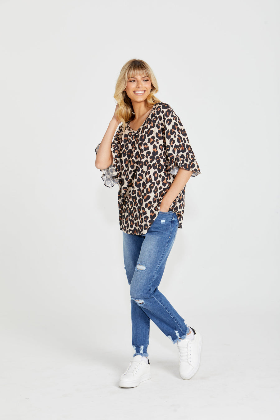Sass Kylie Relaxed Frill Sleeve Top Animal