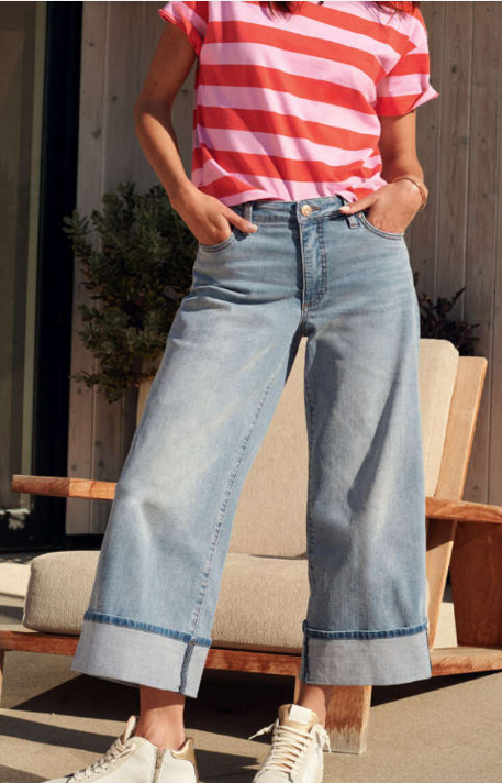 Shine On Label Zeke Wide Leg Jean with Turn Up Hem Washed Blue