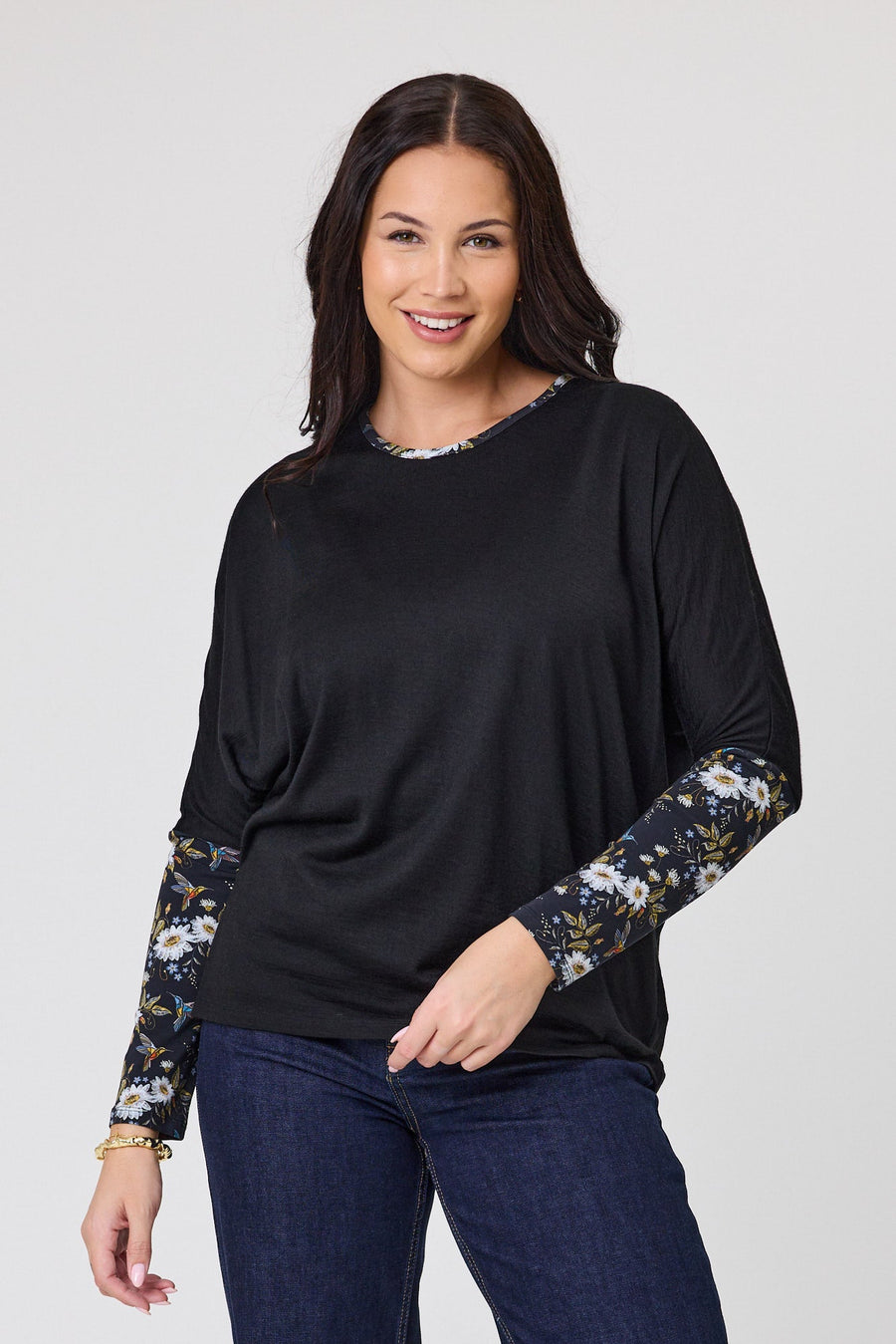 Alpine by Shine On Lyon Merino Hilo Top Black with Floral Print Sleeves