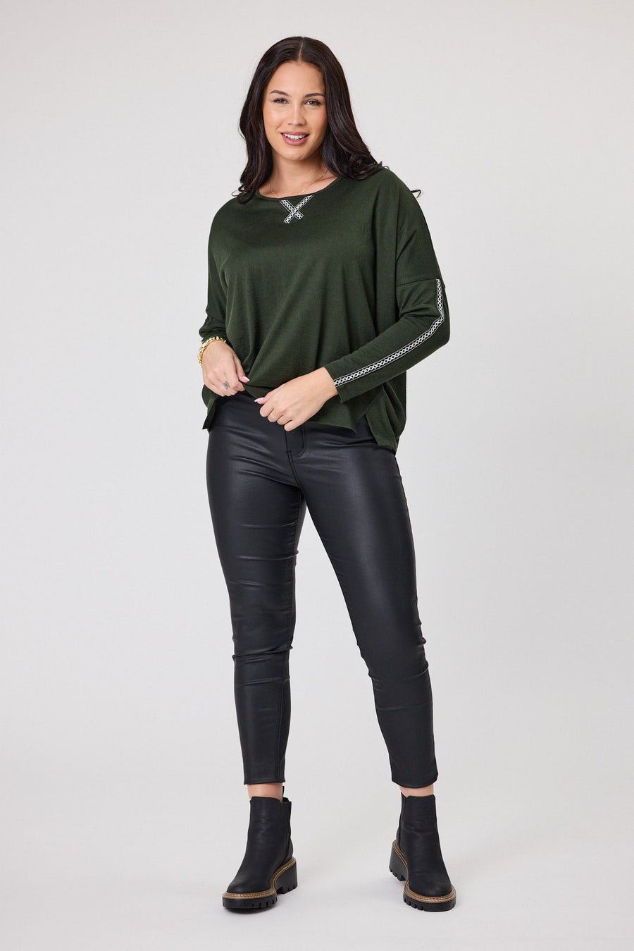 Alpine by Shine On Regina Cross Trim Merino Top Olive