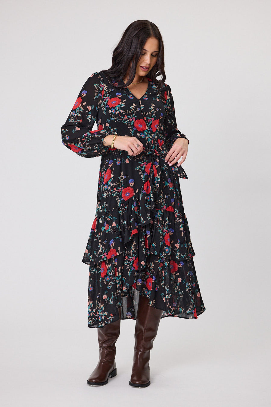 Gloss The Label Peta Ruffle Mock Wrap Dress Rosetta Print