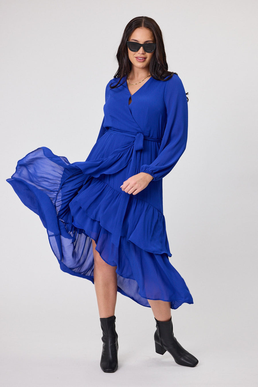 Gloss The Label Peta Ruffle Mock Wrap Dress Blue