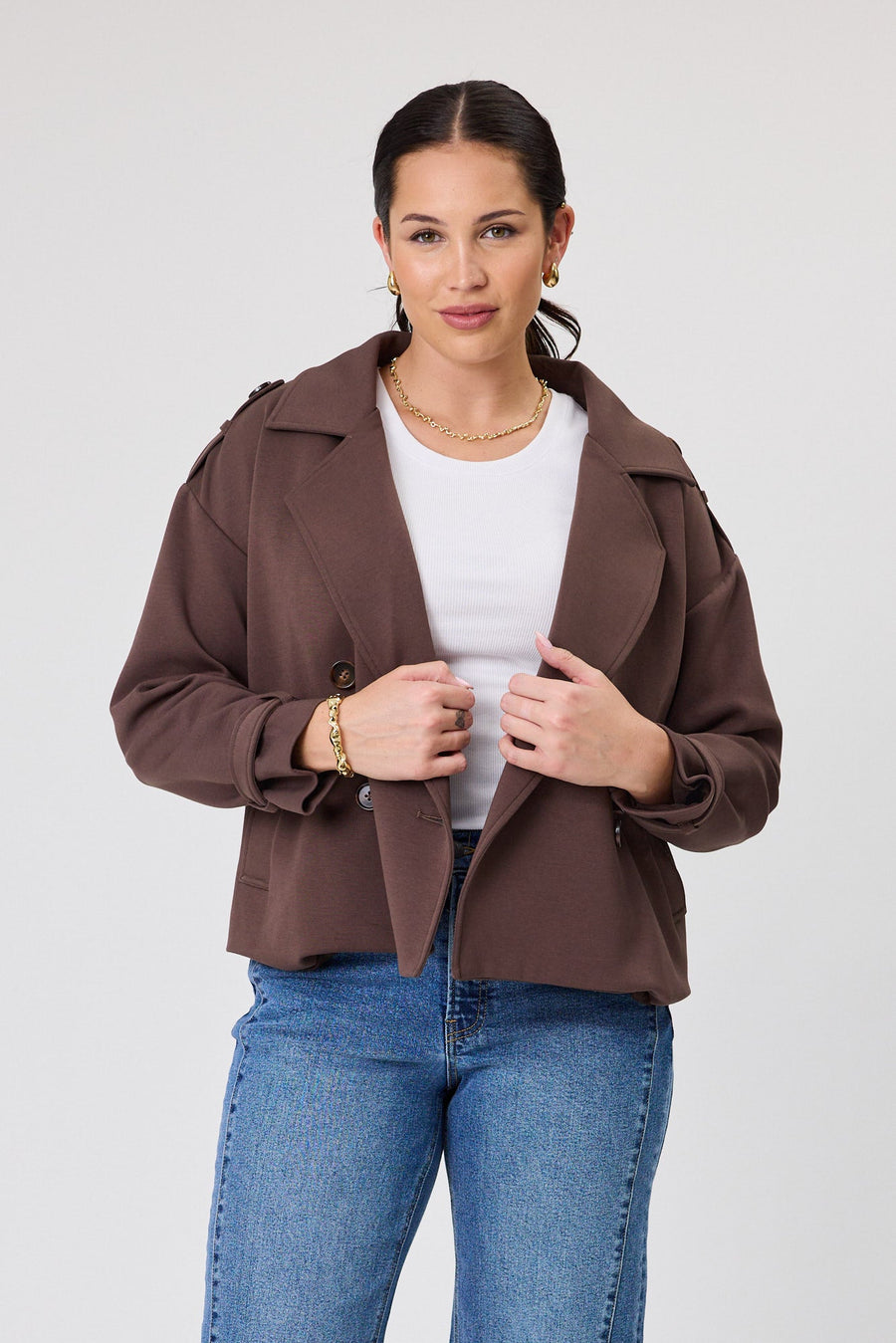 Shine On Label London Cropped Ponte Trench Chocolate