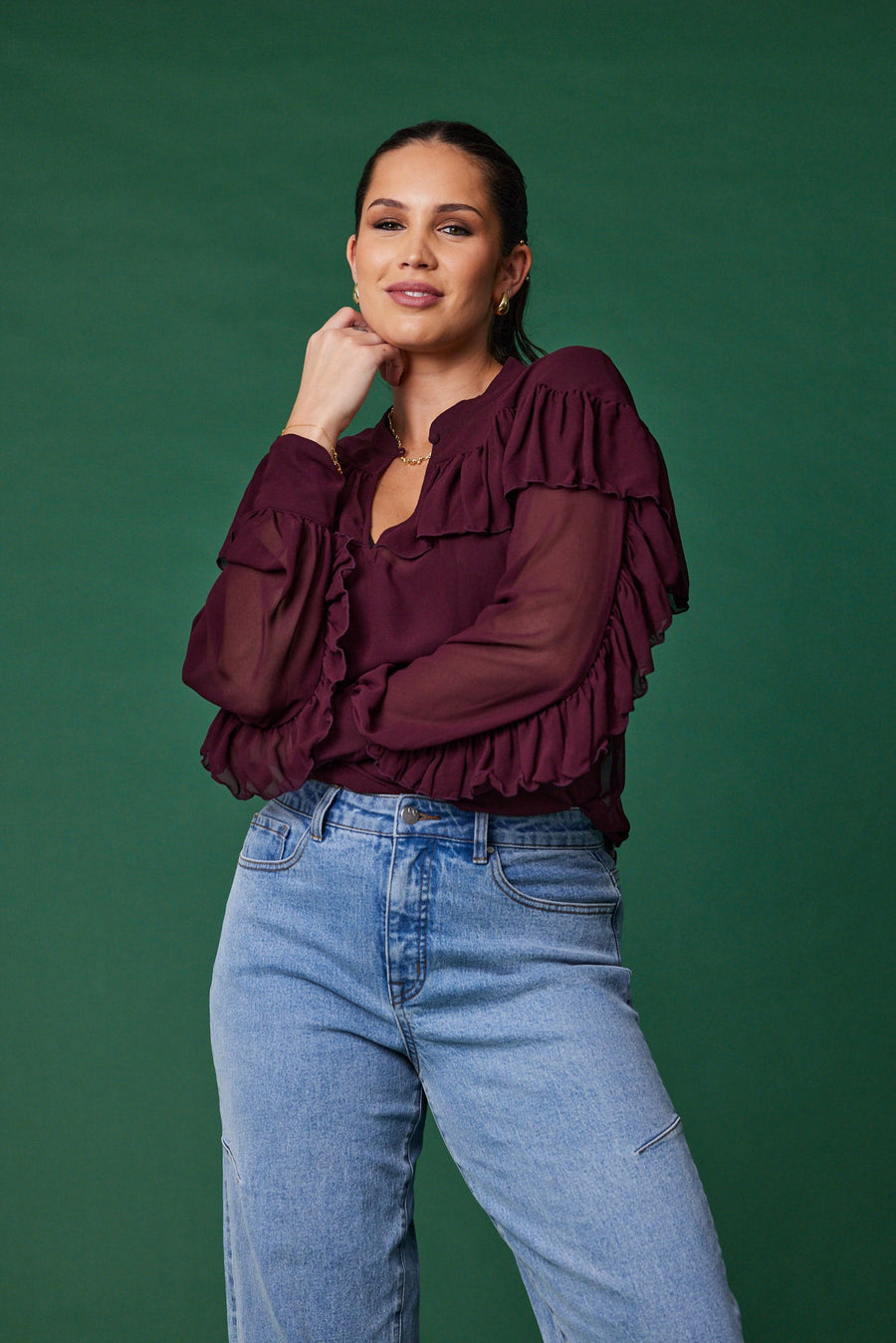 Gloss The Label Belle Chiffon Ruffle Top Merlot