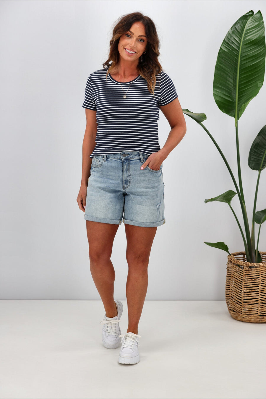 Shine On Essentials Stripe Rib Tee Navy White Stripe