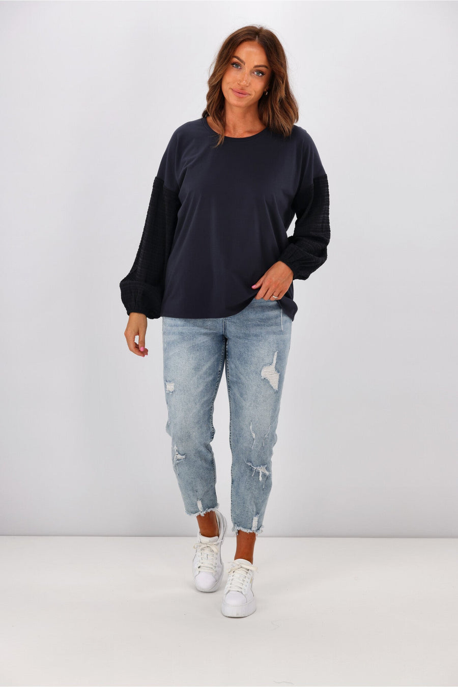 Shine On Label Cici Gingham Sleeve Top Black Navy