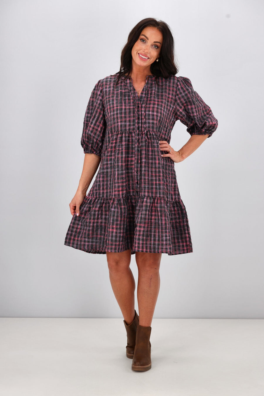 Shine On Label Evangeline Puff Sleeve Dress Black Check