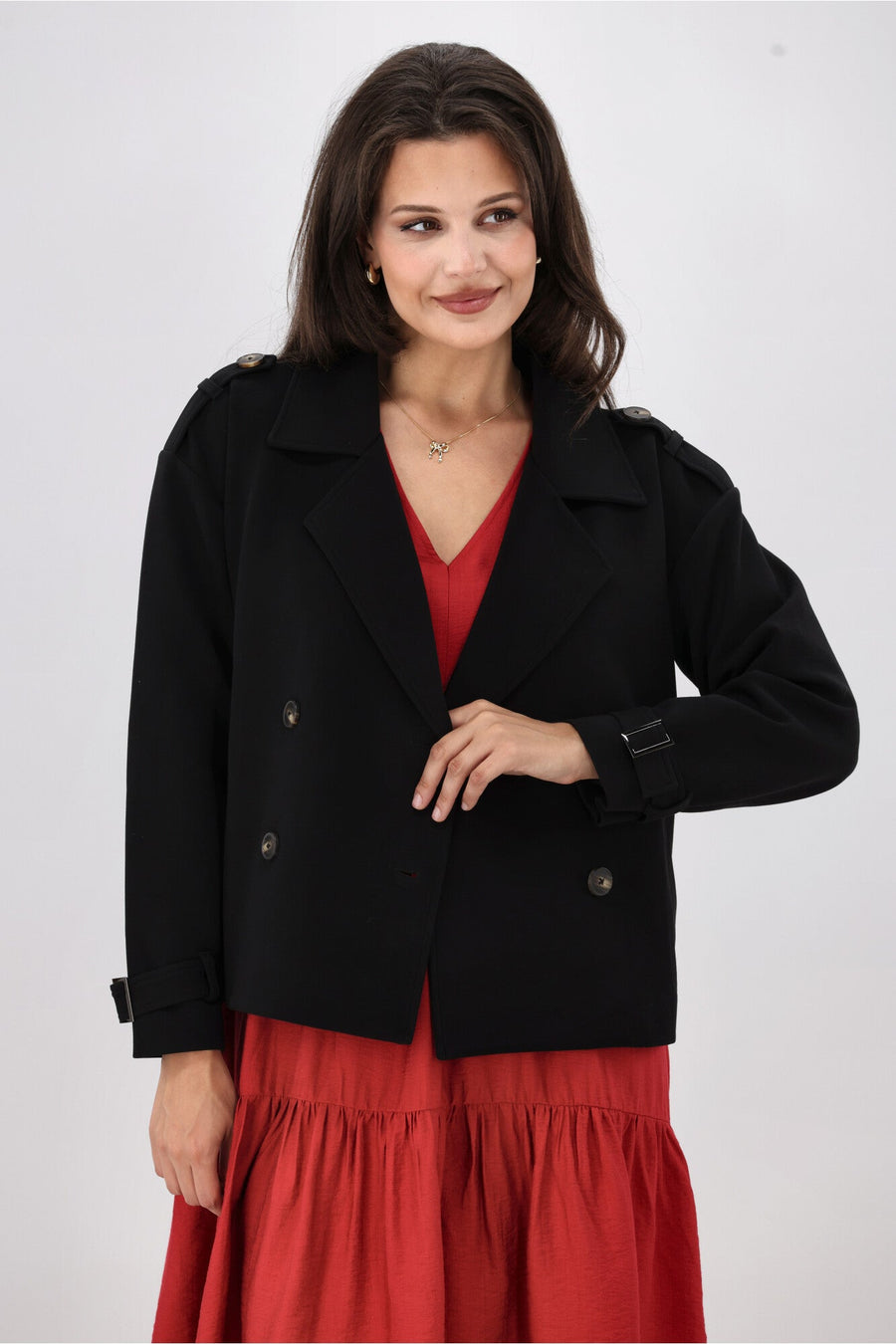 Shine On Label London Cropped Ponte Trench Black