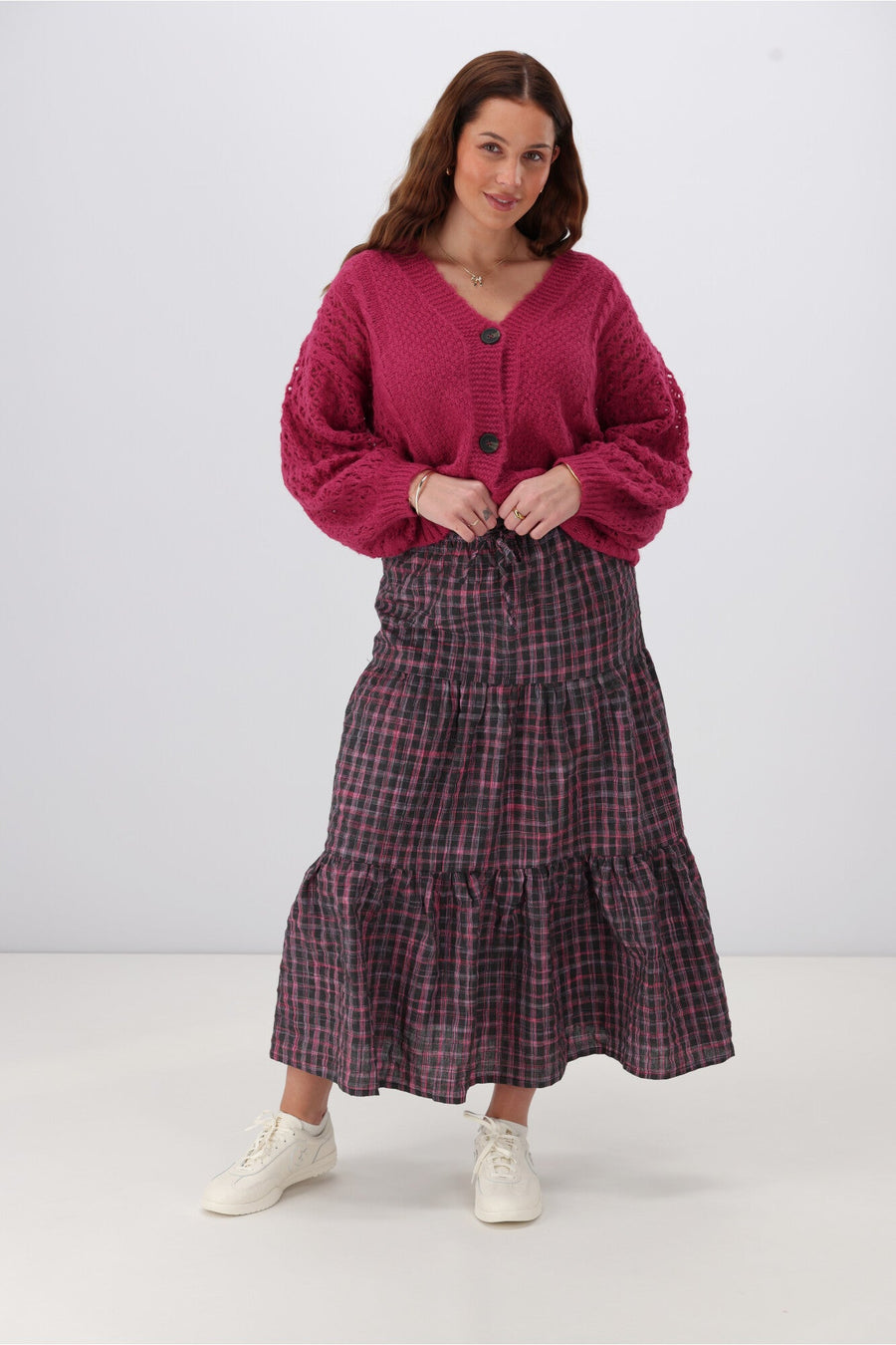 Shine On Label Roxie Tiered Maxi Skirt Black Pink Check