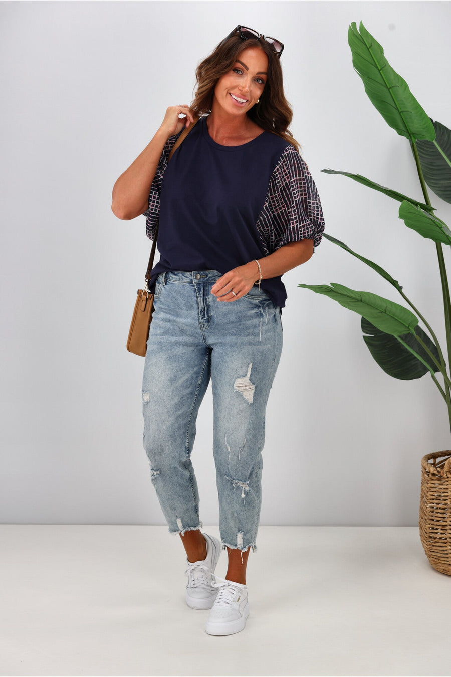 Shine On Label Selma Chiffon Sleeve Top Ink w Square Print