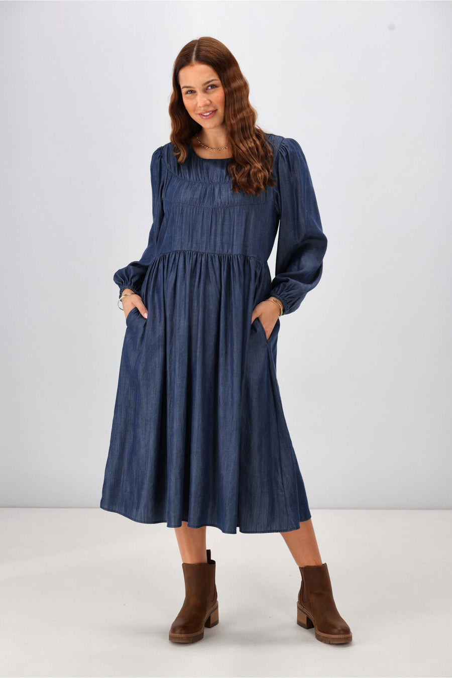 Shine On Label Simi Shirred Detail Chambray Dress Indigo