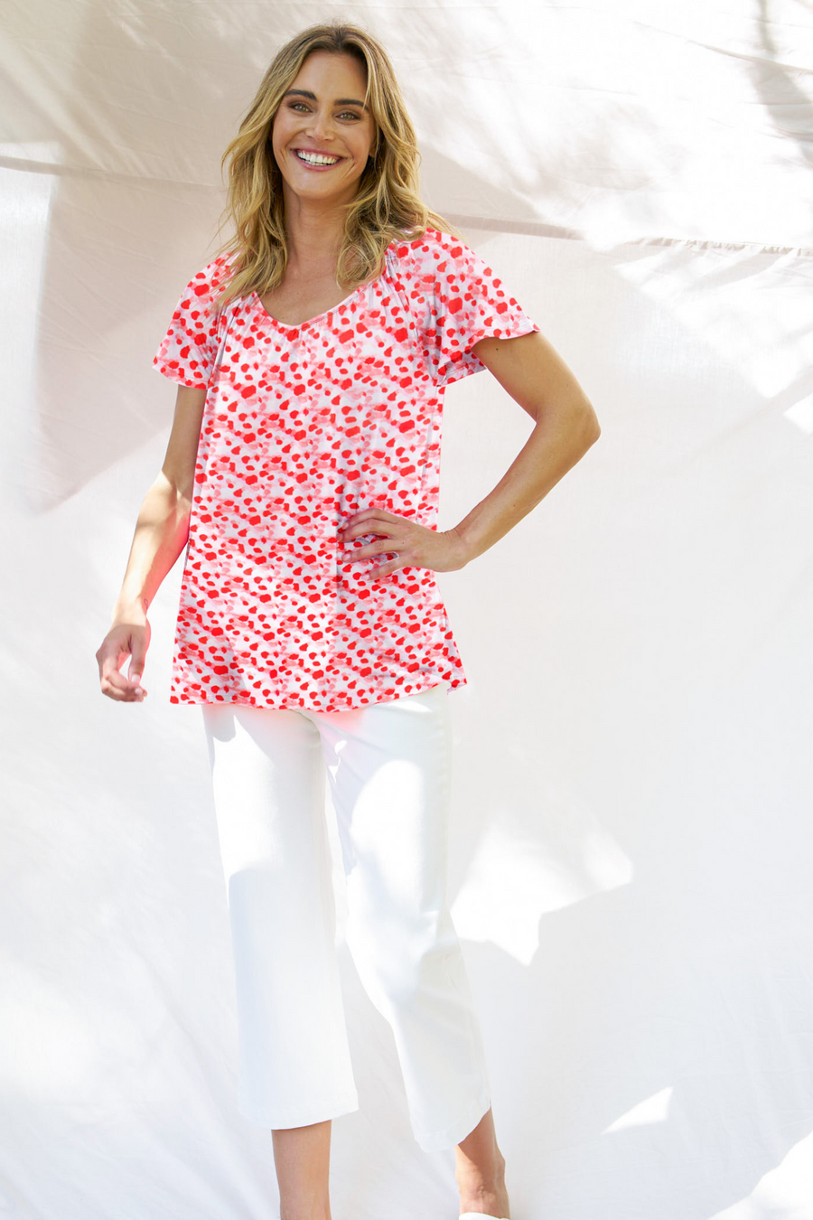 Betty Basics Coral Shirred Tee Blossom Print