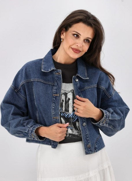 Shine On Label Everlasting Cropped Denim Jacket Vintage Indigo