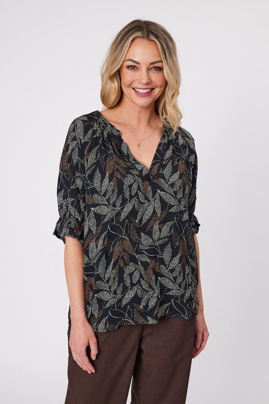 Gloss by Shine On Fable Mandarin Collar Top Black Dot Leaf Print