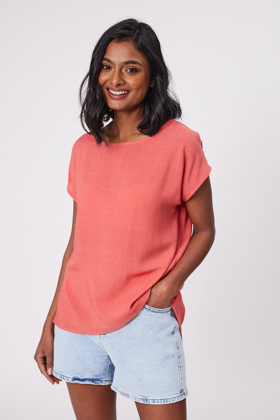 Shine On Label Hi Lo Top Coral