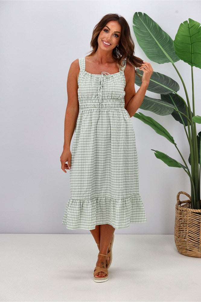 Shine On Label Arielle Checked Frilled Hem Dress Sage White