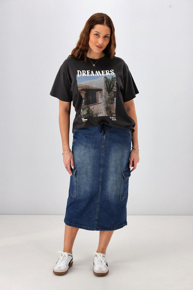 Shine On Label Horizon Denim Cargo Skirt Indigo