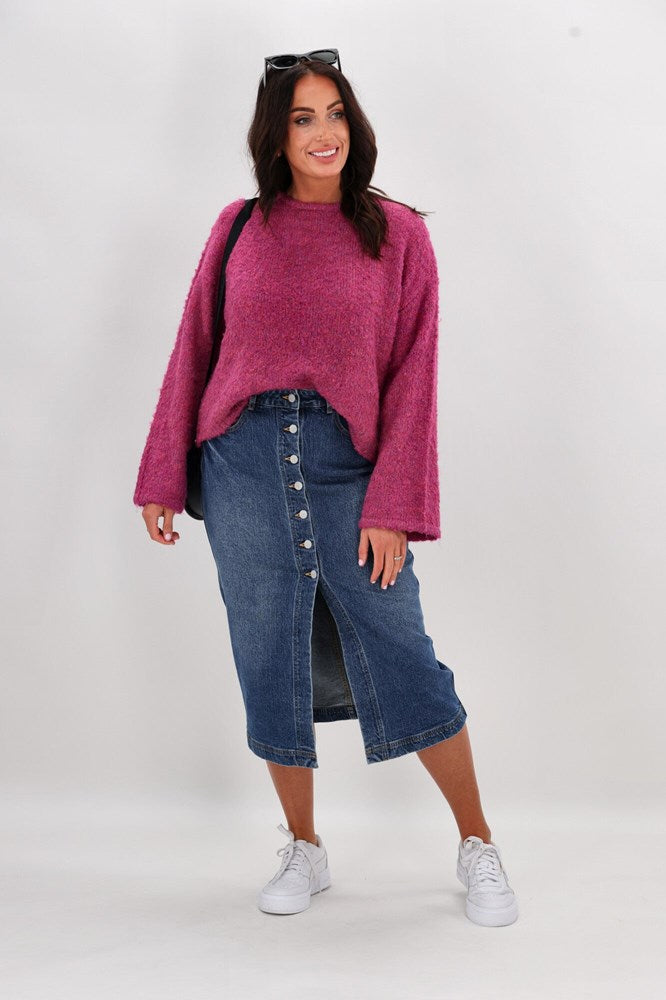 Shine On Label Nicolo Button Front Denim Midi Skirt Indigo