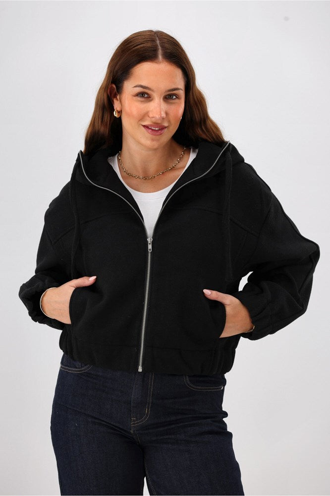 Shine On Label Metro Felt Hooded Bomber Jacket Black