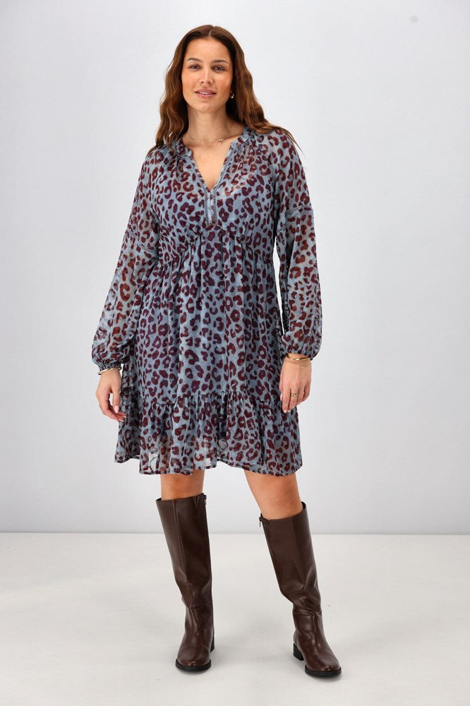 Gloss The Label Anais Empire Line Dress Blue Animal Print