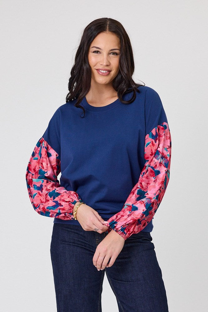 Gloss The Label Emma Contrast Sleeve Top Autumn Watercolour Floral