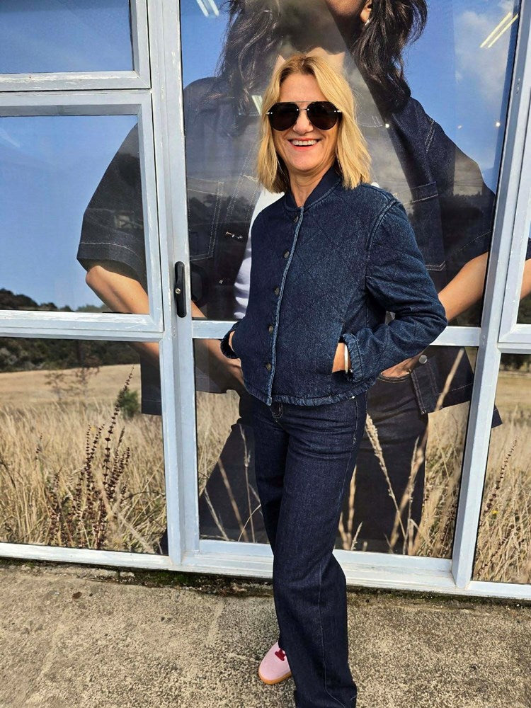 Shine On Label Niko Quilted Denim Bomber Jacket