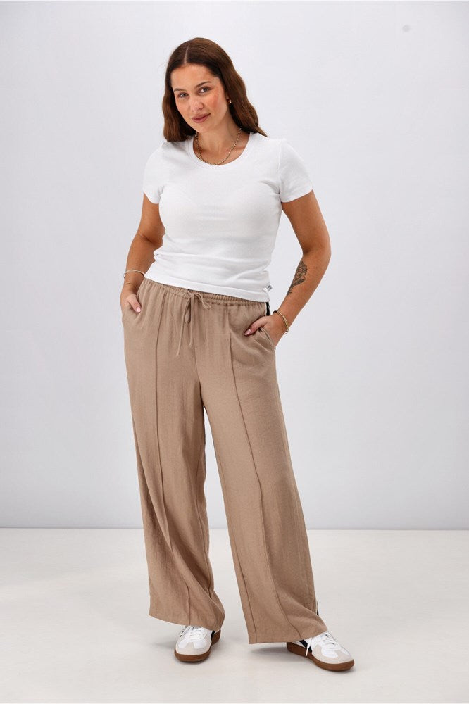 Shine On Label Keely Wide Leg Pant with Stripe Tape Camel
