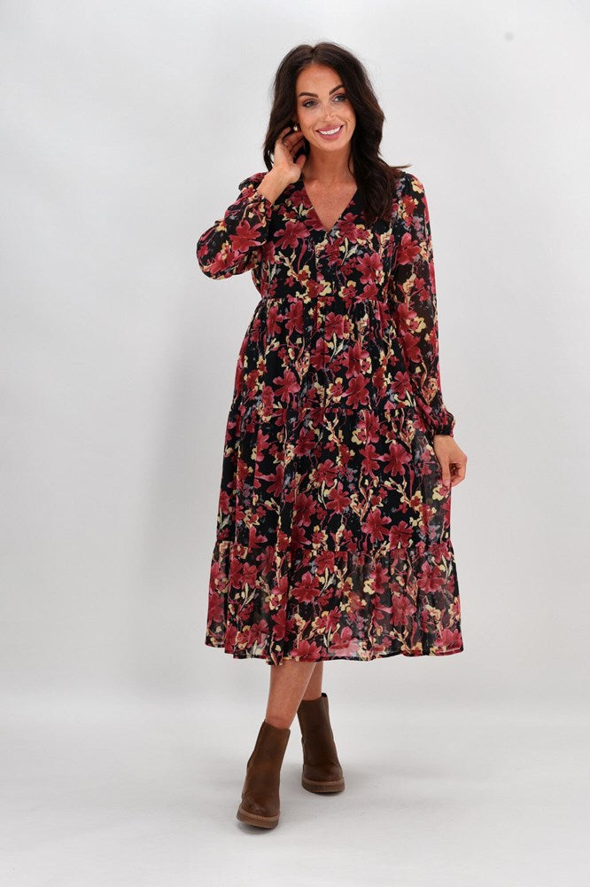 Gloss The Label Chadrick V Neck Tier Dress Black and Cranberry