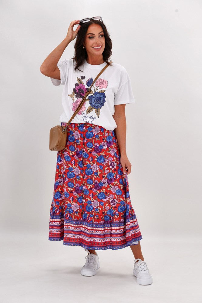 Sunday Boho Cassie A-Line Maxi Skirt Red Floral